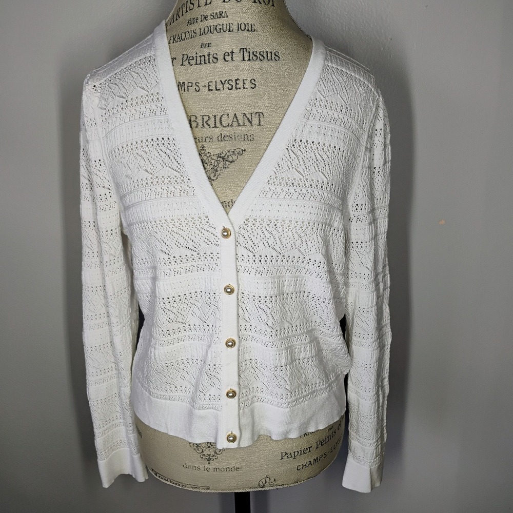 Charter Club Open Knit Cardigan Womens XXL White Pearl Button Chic Preppy Office